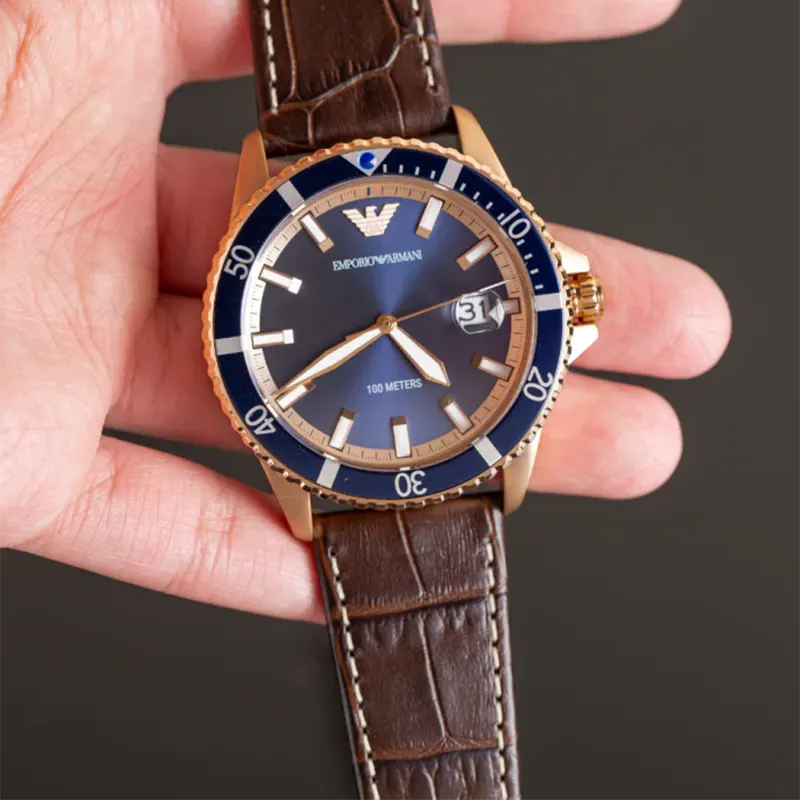 Emporio Armani Diver Blue Dial Leather Men's Watch- AR11556